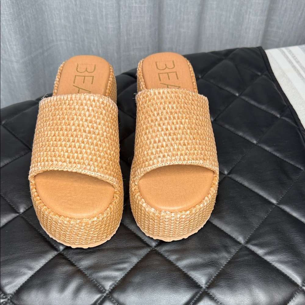 Beige Woven Platform Mules